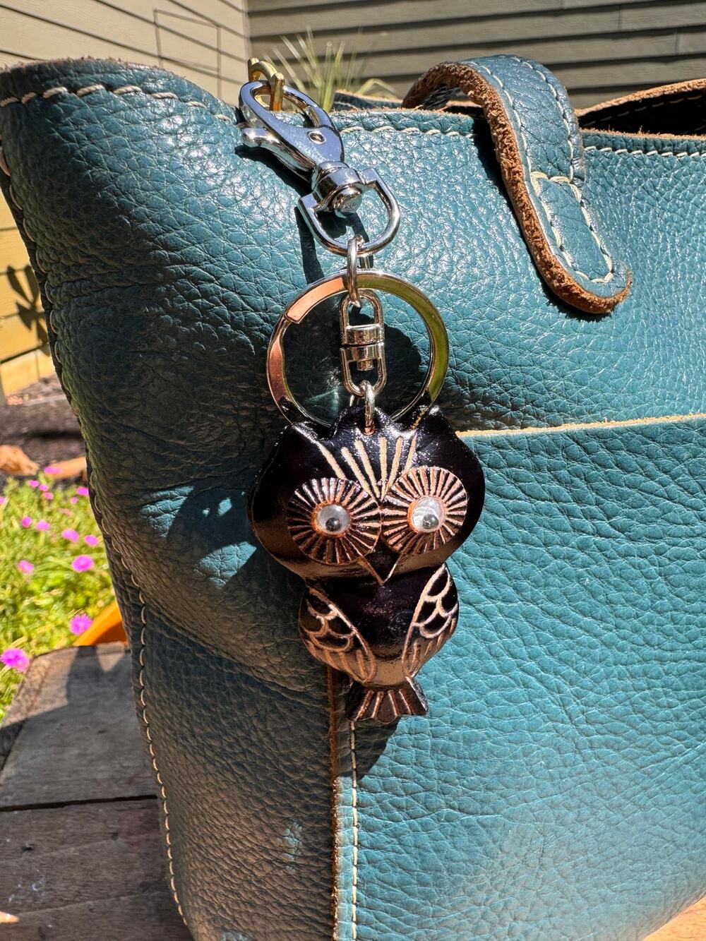 Genuine Leather Small Black Owl Purse Charm Hand Painted Barn Owl Bag Charm